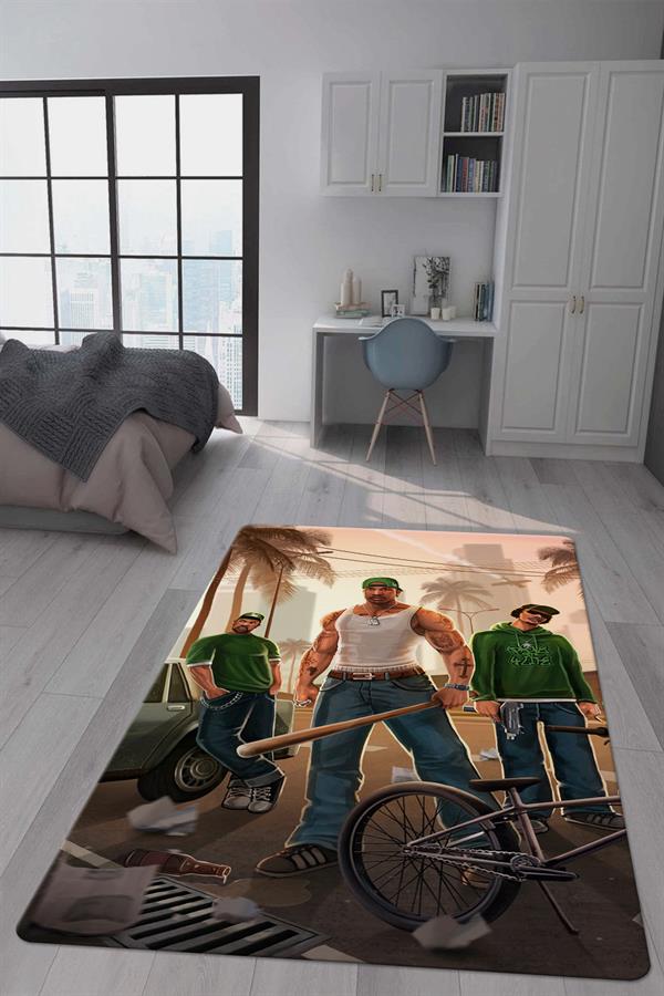 Kaymaz Taban Makinada Yıkanabilir Dijital Baskı Gta Green Hood Desenli Çocuk Odası Halısı Dot Taban Halı BRK12
