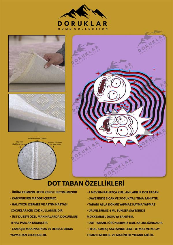 Kaymaz Taban Makinada Yıkanabilir Dijital Baskı Rick and Morty Desenli Çocuk Odası Halısı Dot Taban Halı RM03