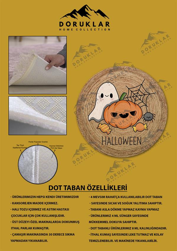 Kaymaz Taban Makinada Yıkanabilir Dijital Baskı Cadılar Bayramı Desenli Genç Odası Halısı Dot Taban Halı