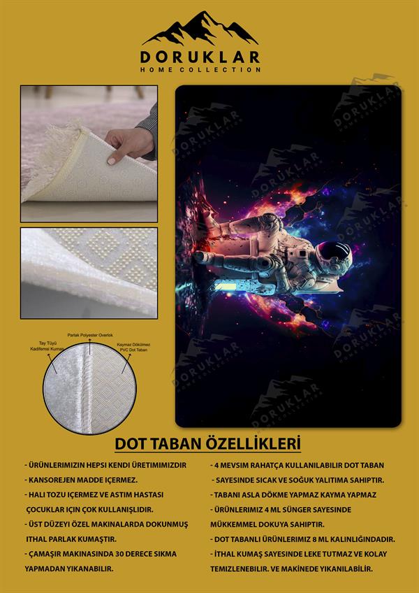 Kaymaz Taban Makinada Yıkanabilir Dijital Baskı Astronot Desenli Genç Odası Halısı
