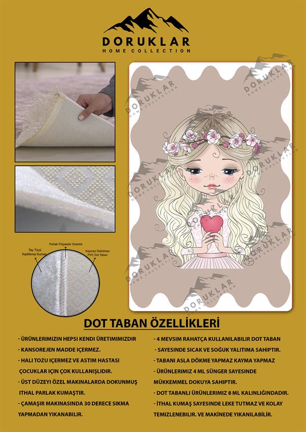 Kaymaz Taban Makinada Yıkanabilir Dijital Baskı Peri Kızı Desenli Çocuk Odası Halısı Dot Taban Halı