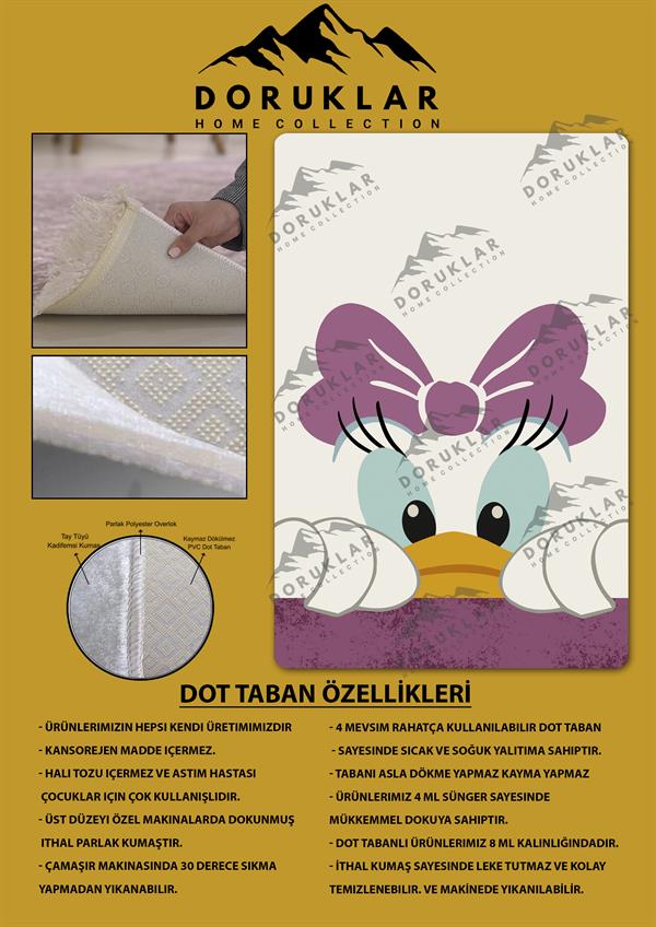 Kaymaz Taban Makinada Yıkanabilir Dijital Baskı Duffy Desenli Çocuk Odası Halısı Dot Taban Halı
