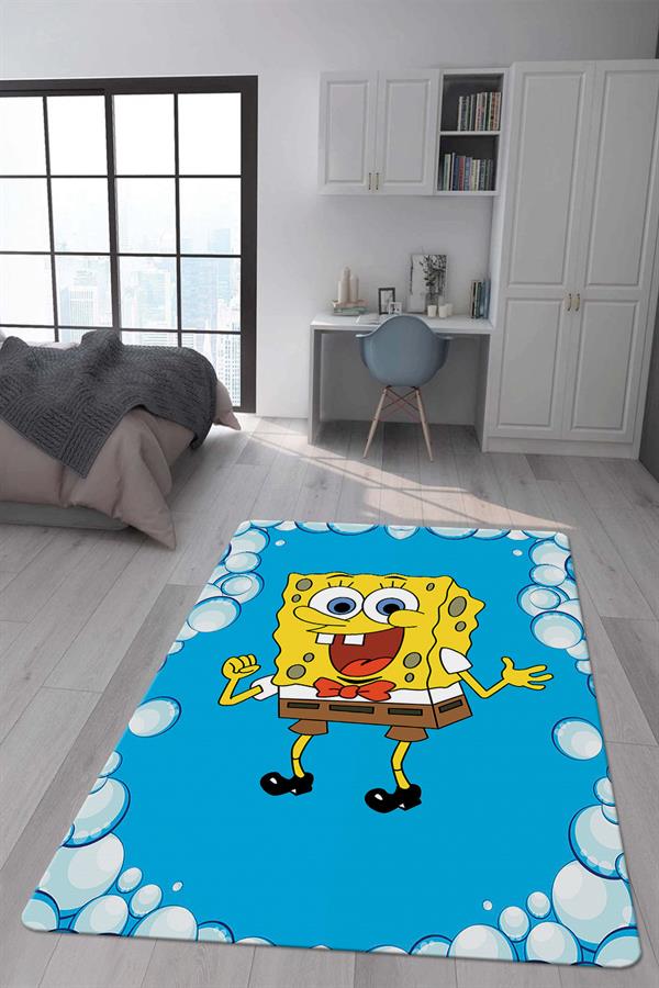 Kaymaz Taban Makinada Yıkanabilir Dijital Baskı SüngerBob Desenli Çocuk Odası Halısı Dot Taban Halı