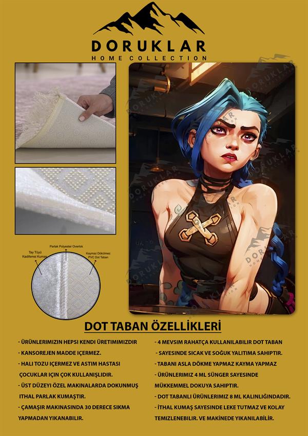 Kaymaz Taban Makinada Yıkanabilir Dijital Baskı Arcane Jinx Desenli Çocuk Odası Halısı Dot Taban Halı ARC03