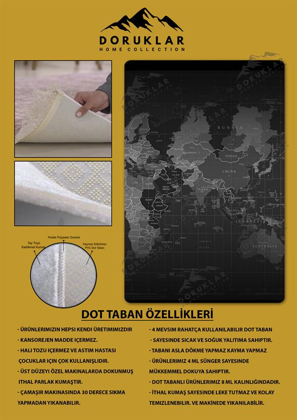 Kaymaz Taban Makinada Yıkanabilir Dijital Baskı Dünya Haritası Desenli Genç Odası Halısı