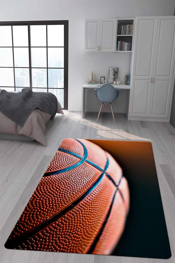 Kaymaz Taban Makinada Yıkanabilir Dijital Baskı Basket Topu Desenli Genç Odası Halısı Dot Taban Halı