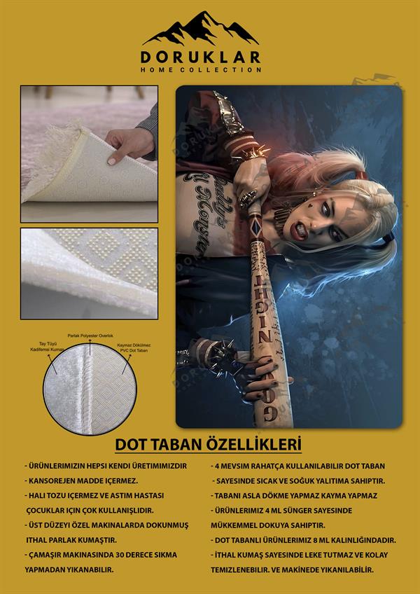 Kaymaz Taban Makinada Yıkanabilir Dijital Baskı Harley Quinn Desenli Çocuk Halısı