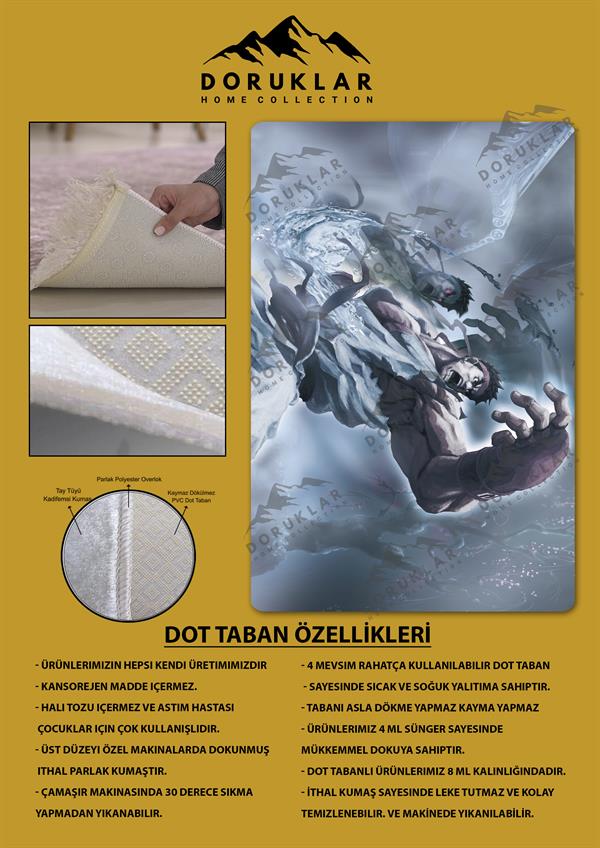 Kaymaz Taban Makinada Yıkanabilir Dijital Baskı Ryu Desenli Genç Odası Halısı