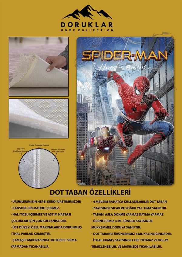 Kaymaz Taban Makinada Yıkanabilir Dijital Baskı Spiderman Desenli Çocuk Odası Halısı Dot Taban Halı