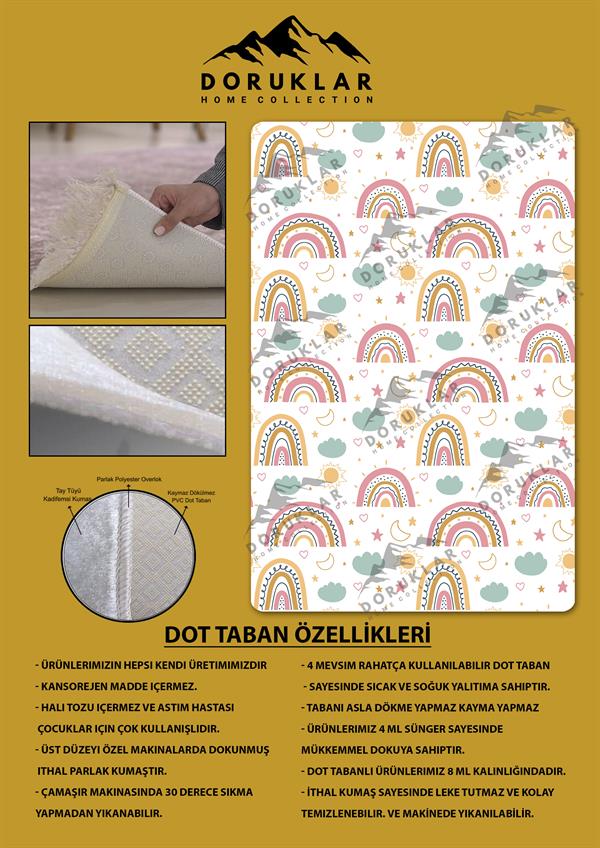 Kaymaz Taban Makinada Yıkanabilir Dijital Baskı Gökkuşağı Desenli Çocuk Odası Halısı Dot Taban Halı RB06