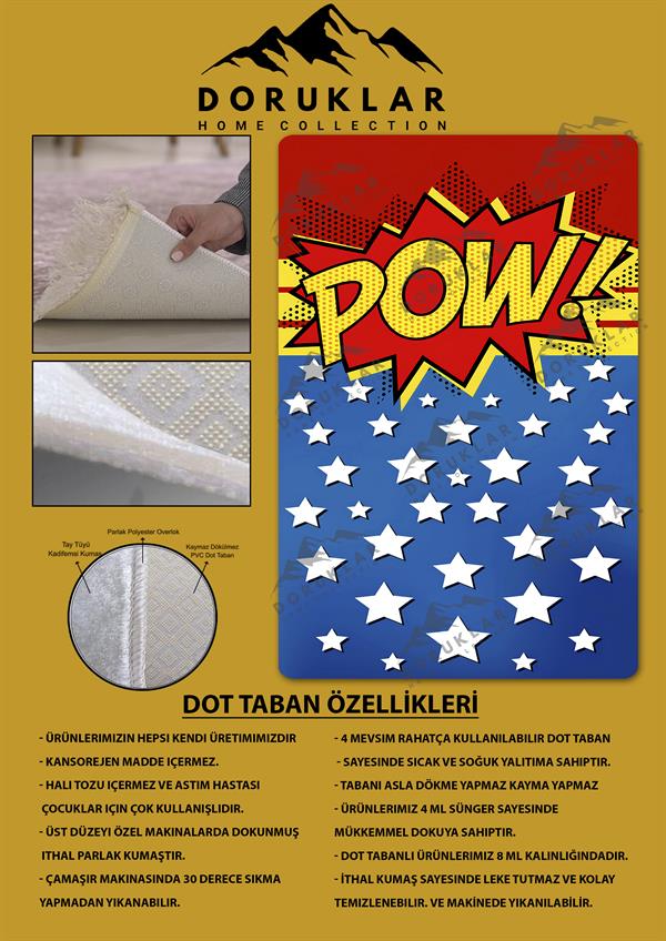 Kaymaz Taban Makinada Yıkanabilir Dijital Baskı Pow Desenli Genç Odası Halısı Dot Taban Halı GNC41