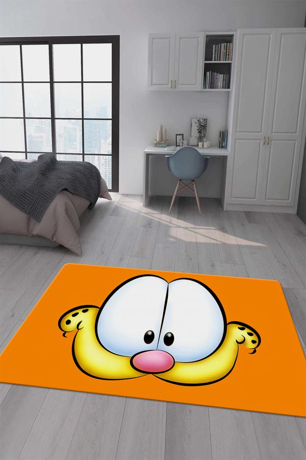 Kaymaz Taban Makinada Yıkanabilir Dijital Baskı Garfield Desenli Genç Odası Halısı Dot Taban Halı GNC76