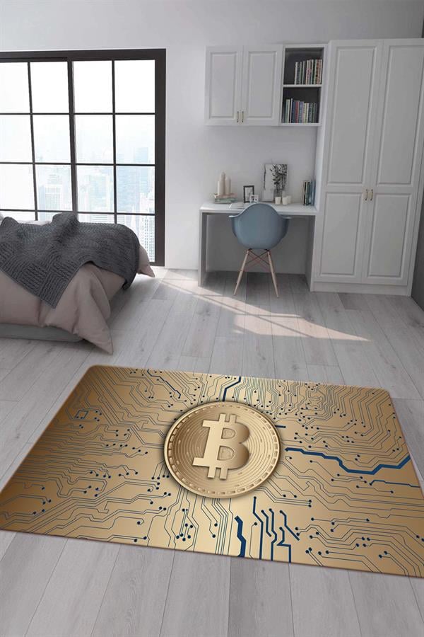 Kaymaz Taban Makinada Yıkanabilir Dijital Baskı Bitcoin Desenli Genç Odası Halısı