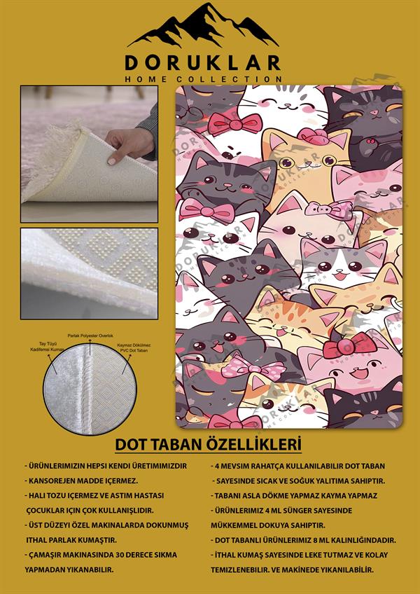 Kaymaz Taban Makinada Yıkanabilir Dijital Baskı Kediler Desenli Genç Odası Halısı Dot Taban Halı GNC51