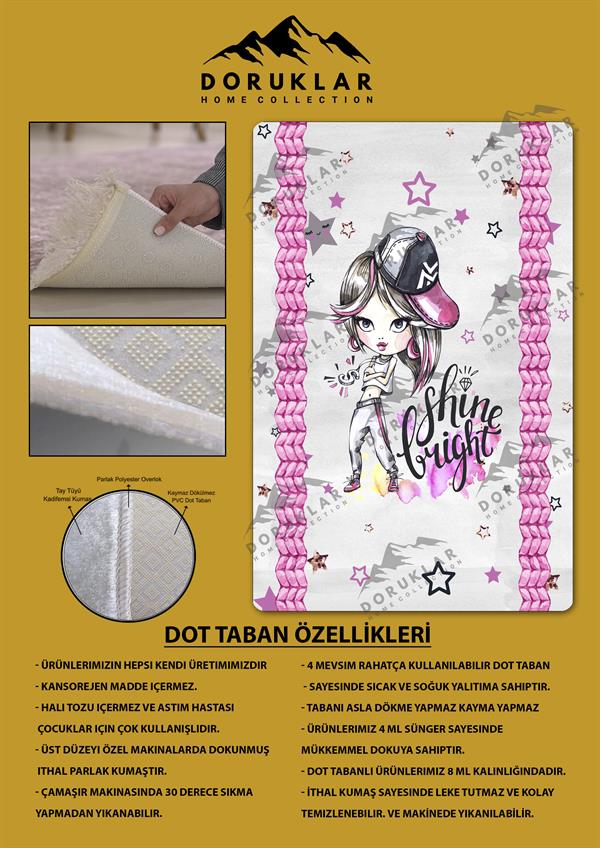 Kaymaz Taban Makinada Yıkanabilir Dijital Baskı Kız Desenli Çocuk Odası Halısı Dot Taban Halı