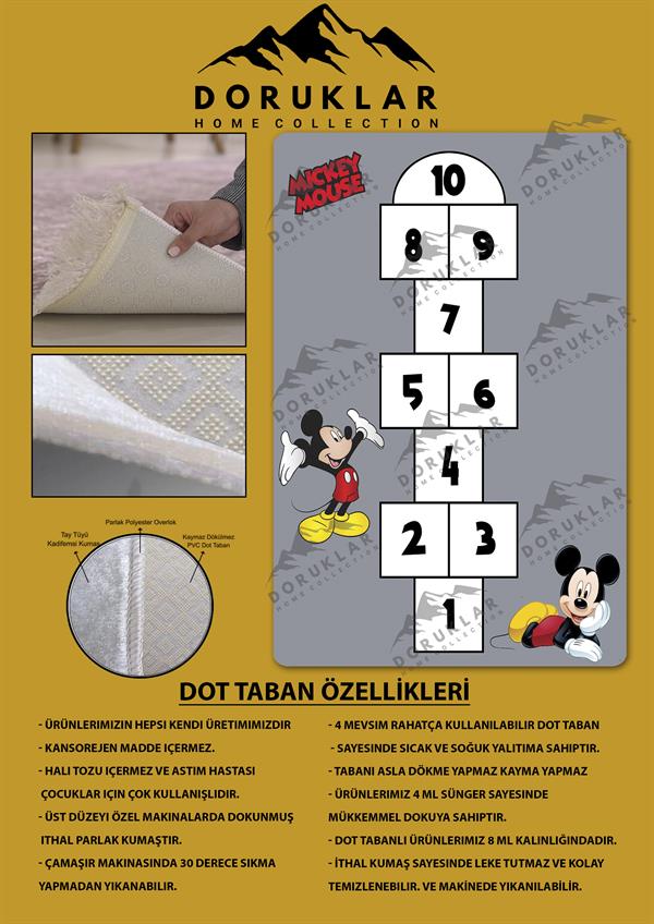 Kaymaz Taban Makinada Yıkanabilir Dijital Baskı Mickey Seksek Desenli Çocuk Odası Halısı Dot Taban Halı