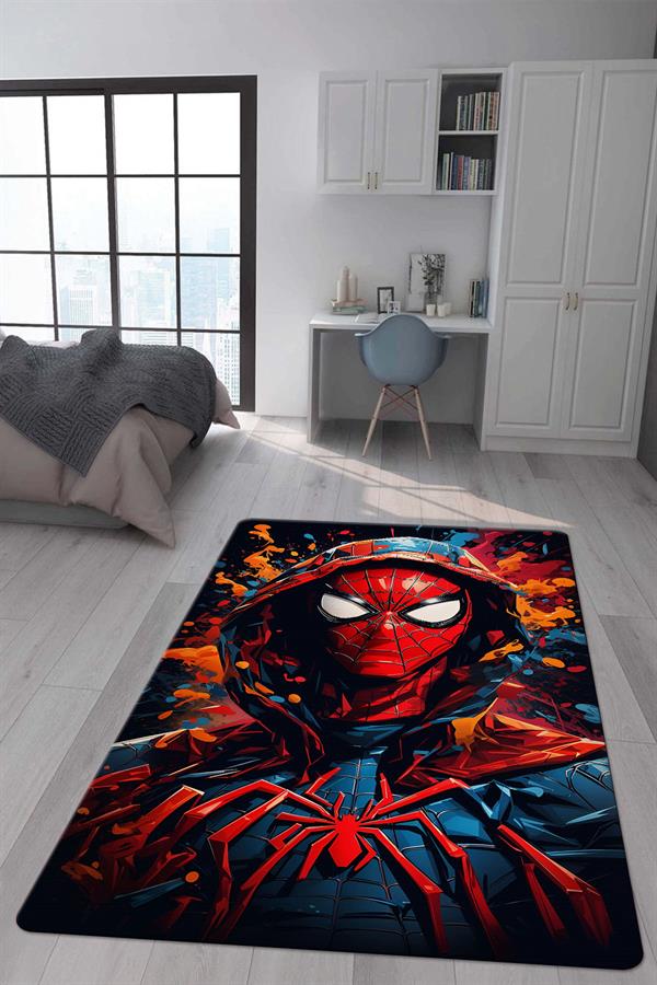 Kaymaz Taban Makinada Yıkanabilir Dijital Baskı SpiderMan Desenli Genç ve Çocuk Odası Halısı Dot Taban Halı