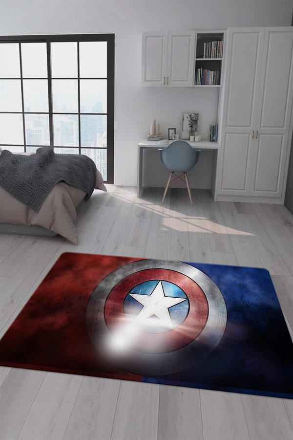 Kaymaz Taban Makinada Yıkanabilir Dijital Baskı Captan America Desenli Çocuk Odası Halısı Dot Taban Halı BRK01