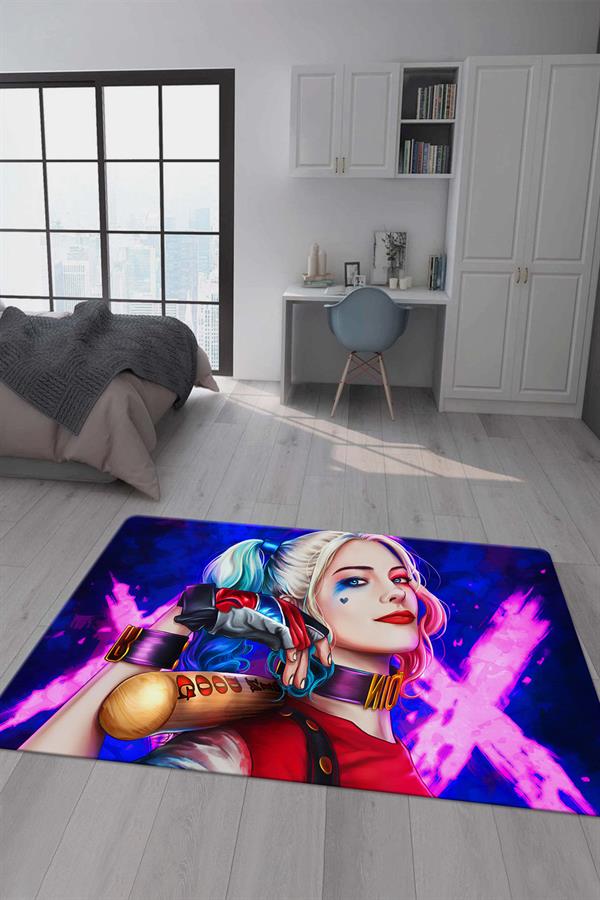 Kaymaz Taban Makinada Yıkanabilir Dijital Baskı Harley Quinn Desenli Genç Odası Halısı Dot Taban Halı GNC74