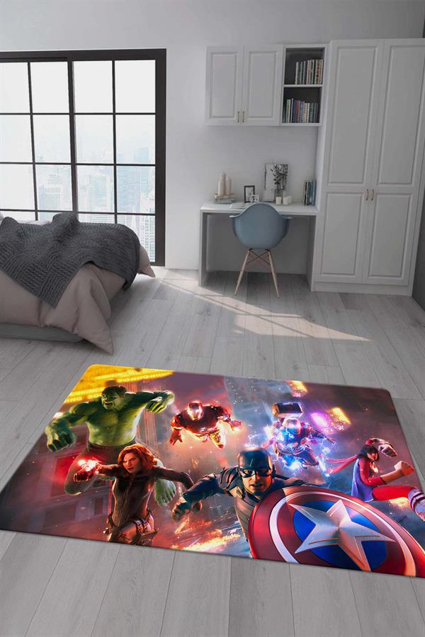Kaymaz Taban Makinada Yıkanabilir Dijital Baskı Marvel Avenger Desenli Genç Odası Halısı Dot Taban Halı GNC55