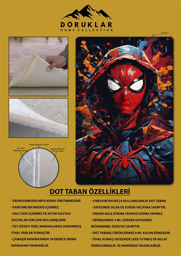 Kaymaz Taban Makinada Yıkanabilir Dijital Baskı SpiderMan Desenli Genç ve Çocuk Odası Halısı Dot Taban Halı