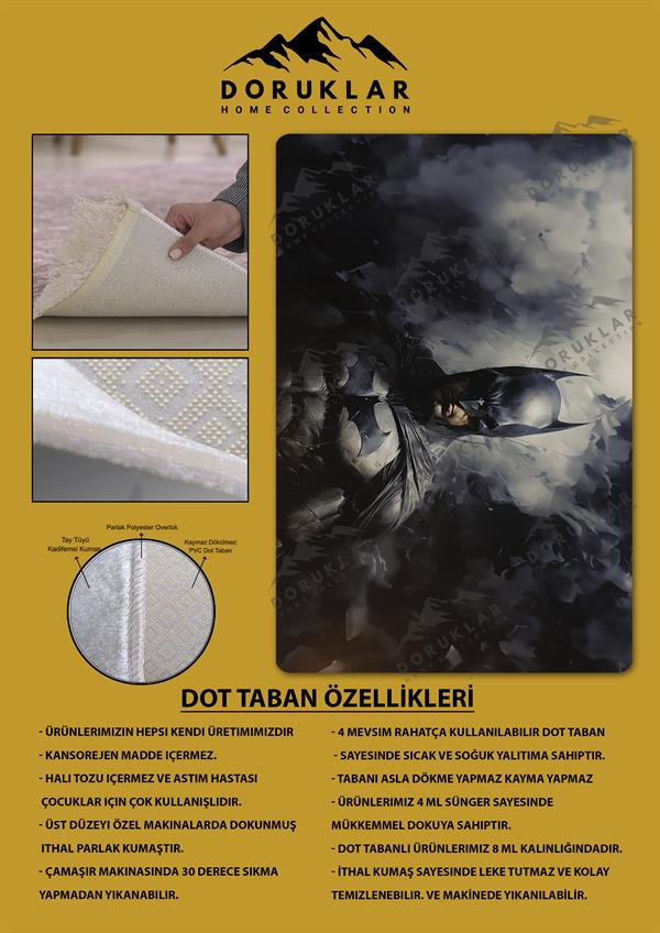 Kaymaz Taban Makinada Yıkanabilir Dijital Baskı Batman Desenli Genç Odası Halısı
