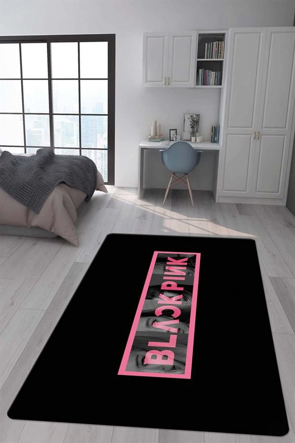 Kaymaz Taban Makinada Yıkanabilir Dijital Baskı Blackpink Desenli Genç ve Çocuk Odası Halısı