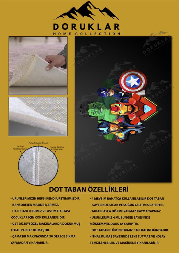 Kaymaz Taban Makinada Yıkanabilir Dijital Baskı Marvel Desenli Genç ve Çocuk Odası Halısı