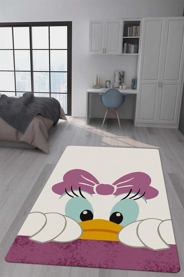 Kaymaz Taban Makinada Yıkanabilir Dijital Baskı Duffy Desenli Çocuk Odası Halısı Dot Taban Halı