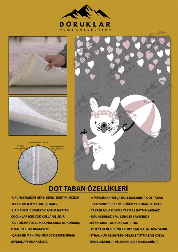 Kaymaz Taban Makinada Yıkanabilir Dijital Baskı Tavşan Desenli Çocuk Odası Halısı Dot Taban Halı