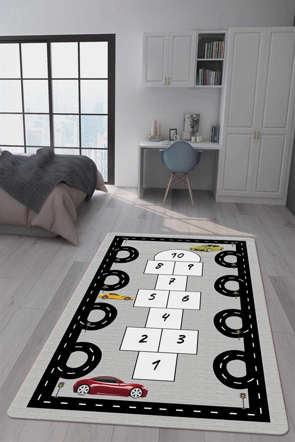 Kaymaz Taban Makinada Yıkanabilir Dijital Baskı Yol ve Seksek Desenli Çocuk Odası Halısı Dot Taban Halı