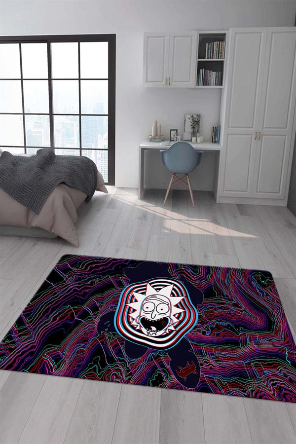 Kaymaz Taban Makinada Yıkanabilir Dijital Baskı Rick and Morty Desenli Çocuk Odası Halısı Dot Taban Halı RM09