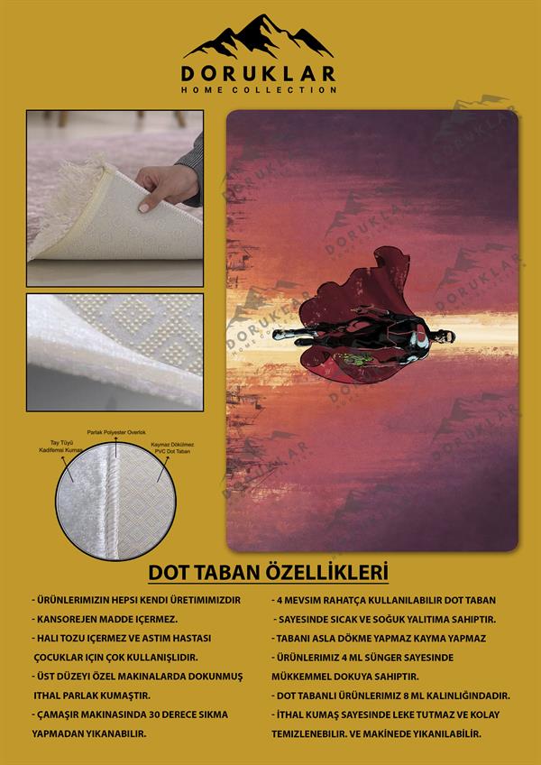 Kaymaz Taban Makinada Yıkanabilir Dijital Baskı Invincible Desenli Çocuk Odası Halısı Dot Taban Halı IC04