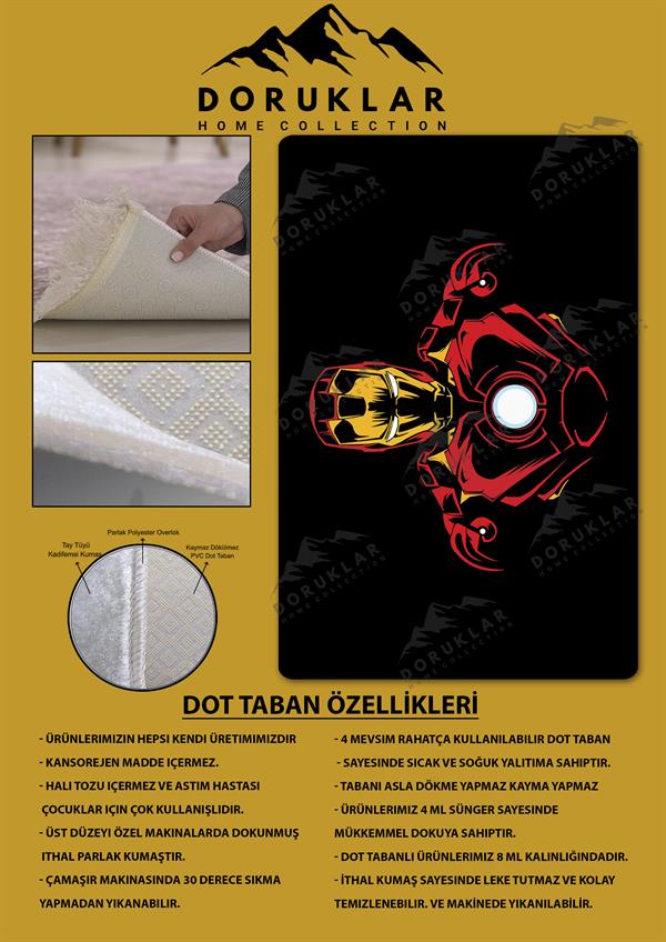 Kaymaz Taban Makinada Yıkanabilir Dijital Baskı İron Man Desenli Genç Odası ve Çocuk Odası Halısı Dot Taban Halı