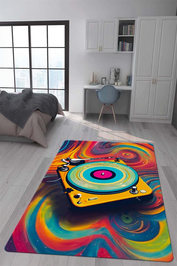 Kaymaz Taban Makinada Yıkanabilir Dijital Baskı Retro Desenli Çocuk Genç Odası Halısı Dot Taban Halı RTR05