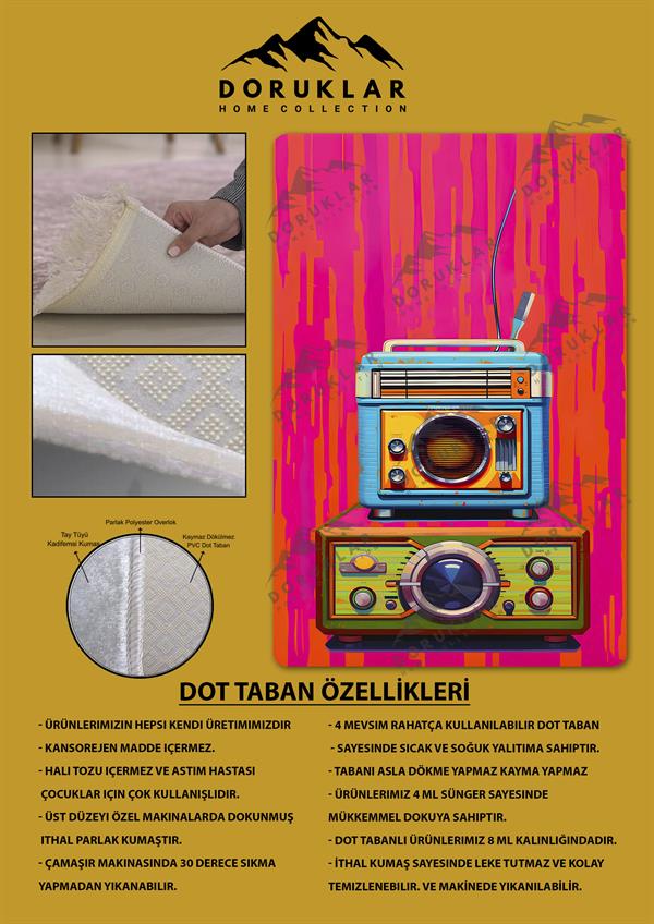 Kaymaz Taban Makinada Yıkanabilir Dijital Baskı Retro Desenli Çocuk Genç Odası Halısı Dot Taban Halı RTR18