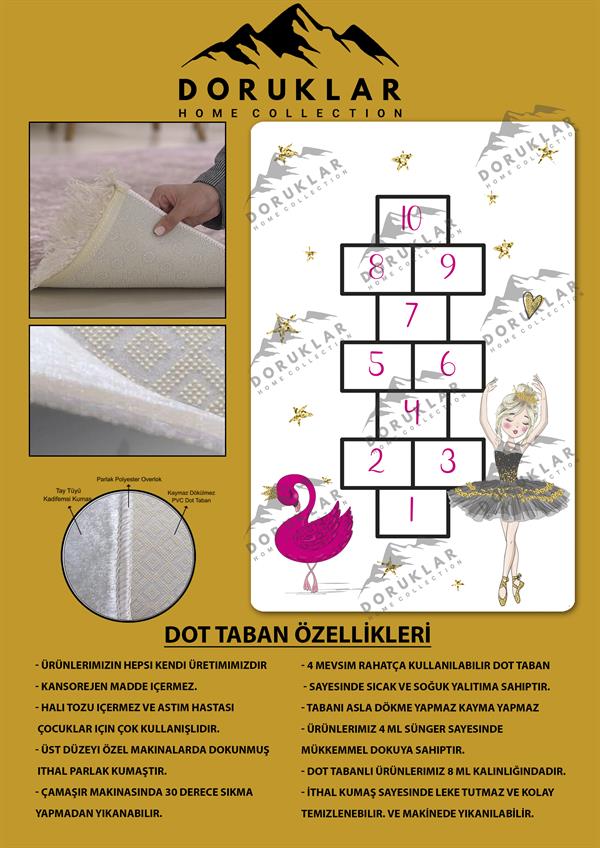 Kaymaz Taban Makinada Yıkanabilir Dijital Baskı Kız ve Seksek Desenli Çocuk Odası Halısı Dot Taban Halı