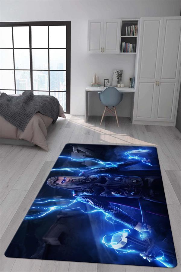 Kaymaz Taban Makinada Yıkanabilir Dijital Baskı Thor Mjölnir Desenli Genç Odası ve Çocuk Odası Halısı Dot Taban Halı