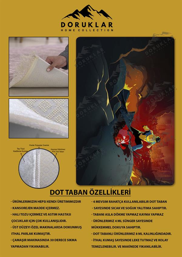 Kaymaz Taban Makinada Yıkanabilir Dijital Baskı Invincible Desenli Çocuk Odası Halısı Dot Taban Halı IC01