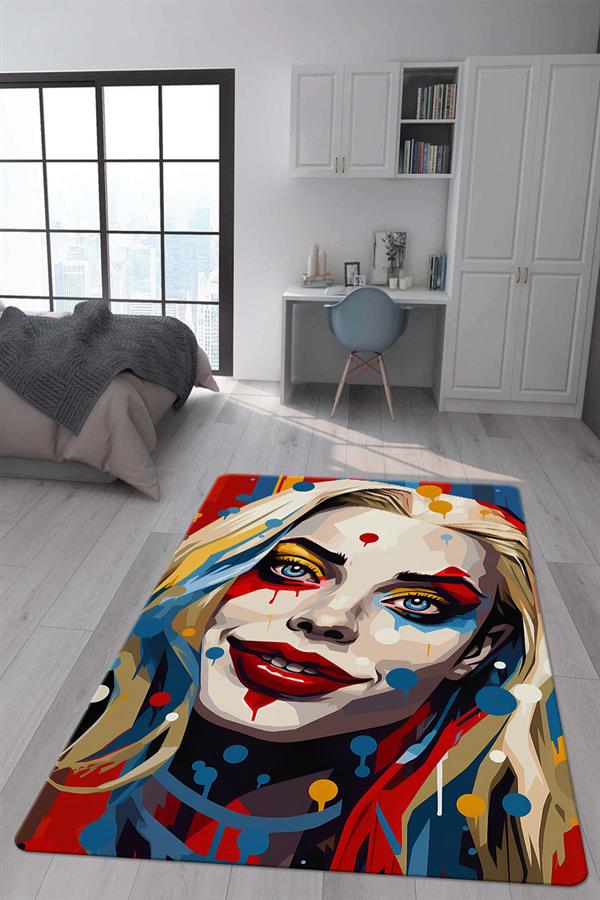 Kaymaz Taban Makinada Yıkanabilir Dijital Baskı Harley Quinn Desenli Çocuk Halısı