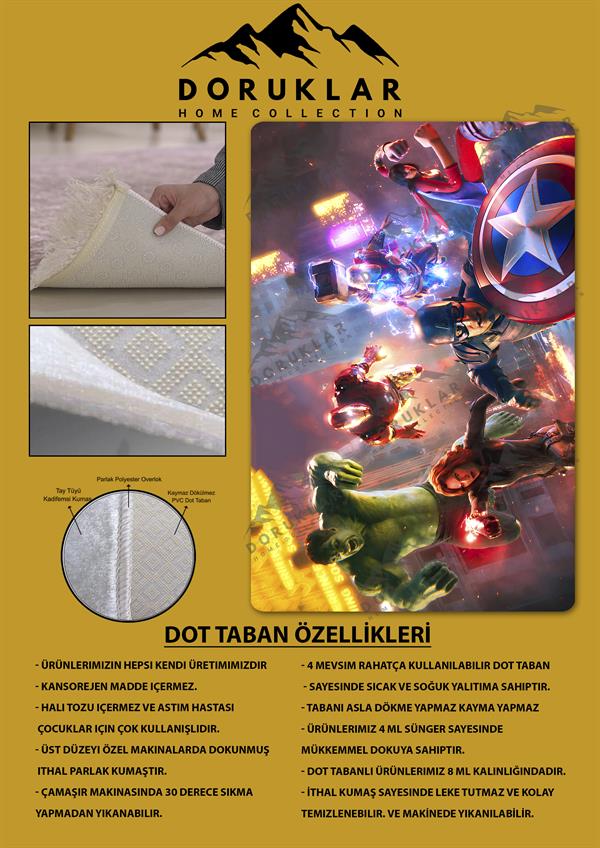 Kaymaz Taban Makinada Yıkanabilir Dijital Baskı Marvel Avenger Desenli Genç Odası Halısı Dot Taban Halı GNC55