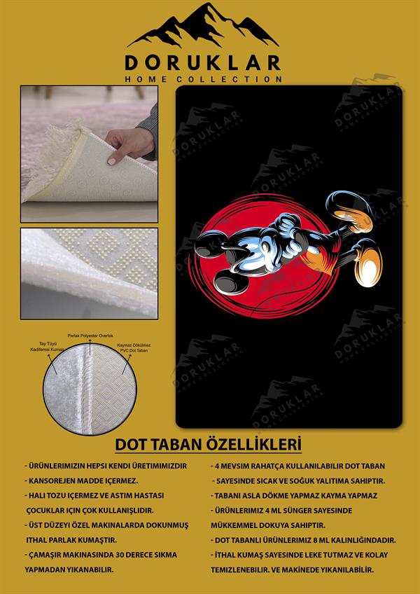 Kaymaz Taban Makinada Yıkanabilir Dijital Baskı Mickey Mouse Desenli Genç Odası Halısı Dot Taban Halı GNC63