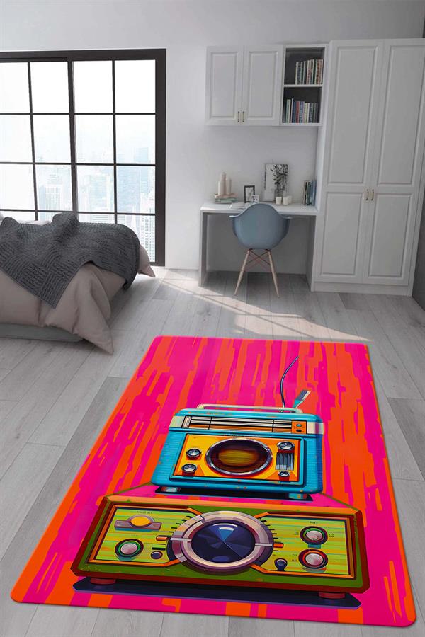 Kaymaz Taban Makinada Yıkanabilir Dijital Baskı Retro Desenli Çocuk Genç Odası Halısı Dot Taban Halı RTR18