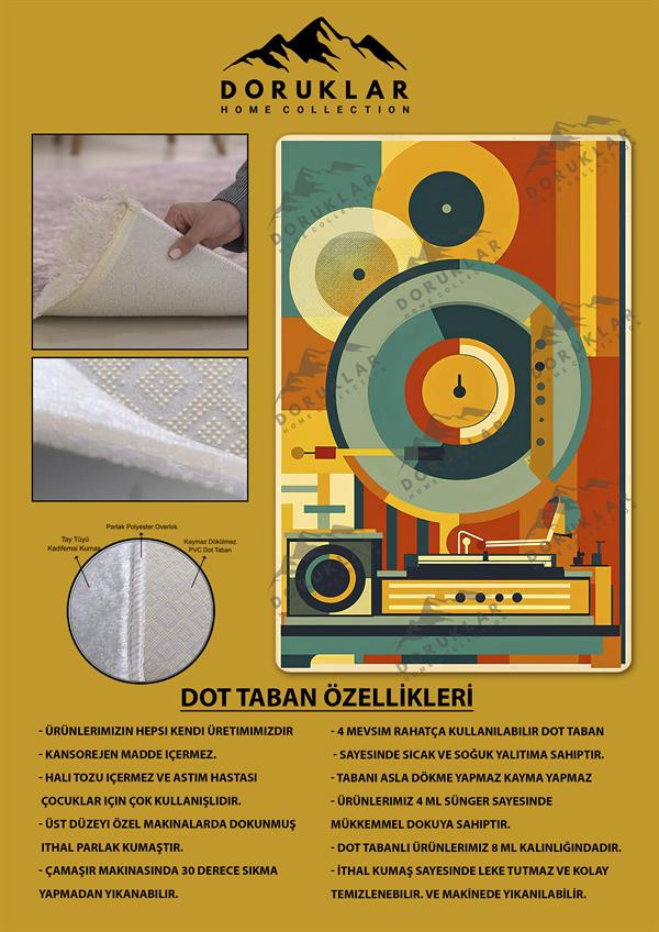 Kaymaz Taban Makinada Yıkanabilir Dijital Baskı Retro Desenli Çocuk Genç Odası Halısı Dot Taban Halı RTR02