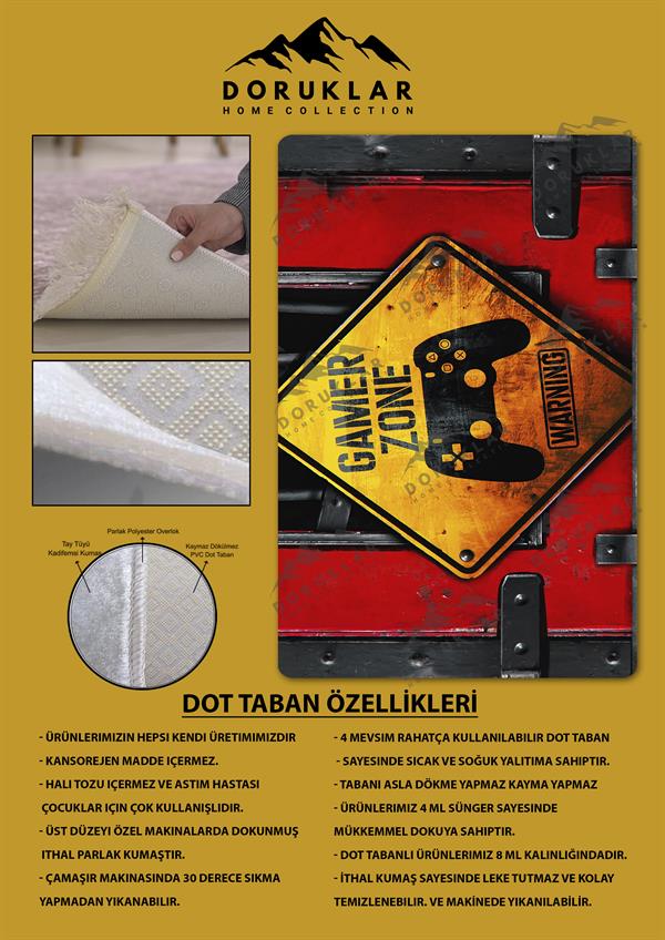 Kaymaz Taban Makinada Yıkanabilir Dijital Baskı Gamer Desenli Genç Odası Halısı