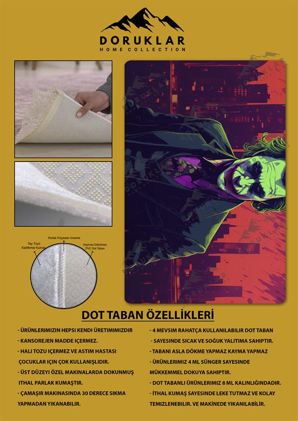 Kaymaz Taban Makinada Yıkanabilir Dijital Baskı Joker Desenli Genç Odası Halısı