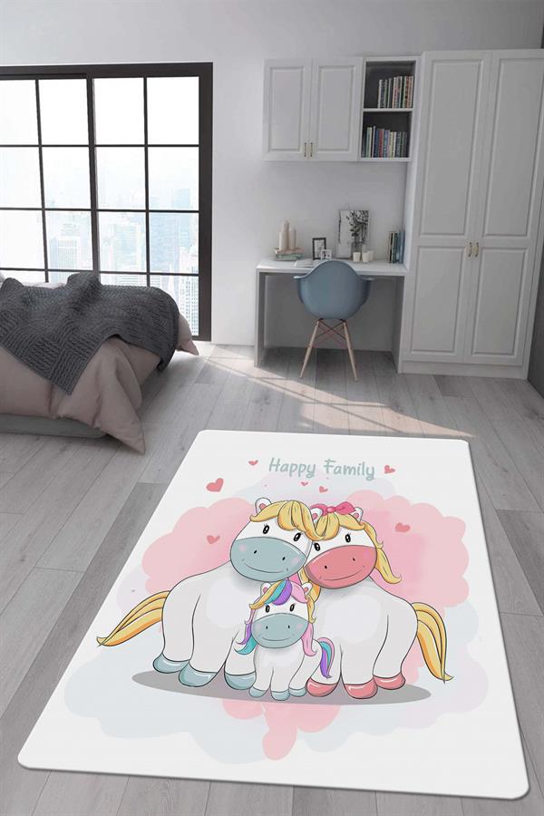 Kaymaz Taban Makinada Yıkanabilir Dijital Baskı Unicorn Aile Desenli Çocuk Odası Halısı Dot Taban Halı