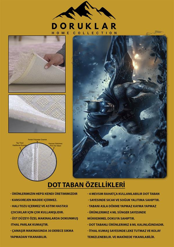 Kaymaz Taban Makinada Yıkanabilir Dijital Baskı Batman Desenli Genç Odası Halısı Dot Taban Halı GNC32