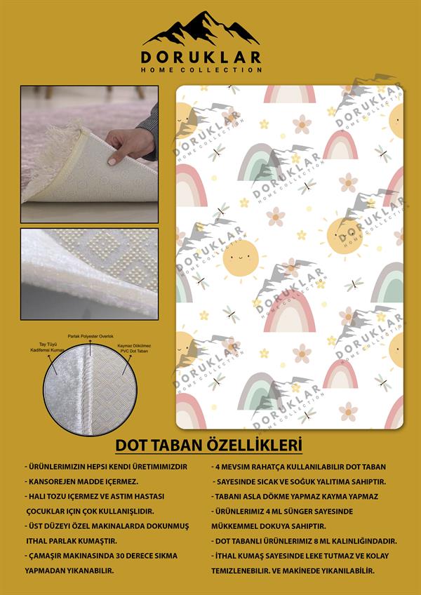 Kaymaz Taban Makinada Yıkanabilir Dijital Baskı Gökkuşağı Desenli Çocuk Odası Halısı Dot Taban Halı RB04