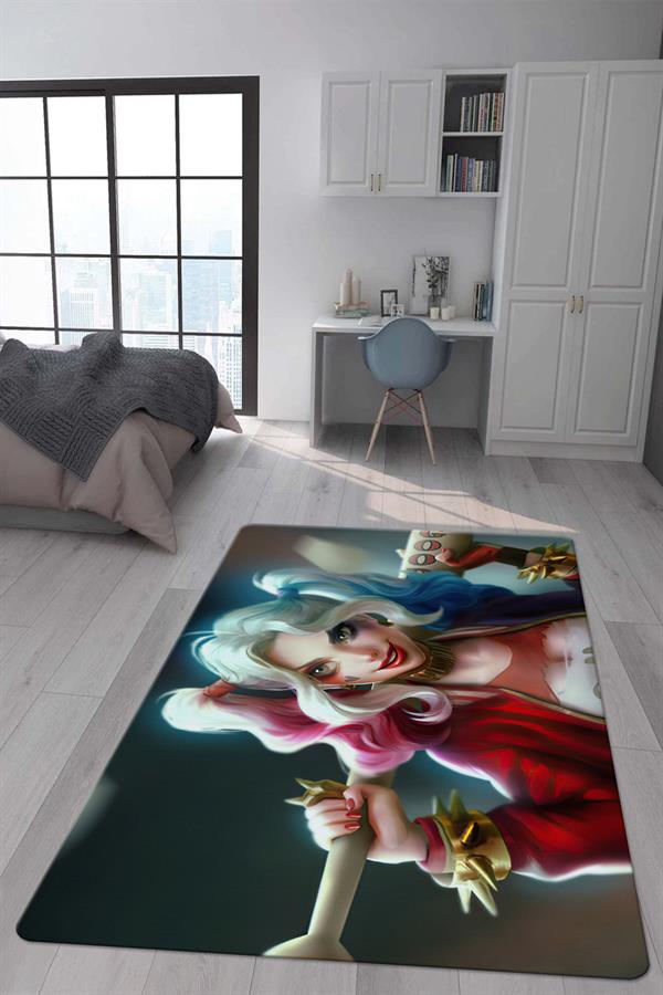 Kaymaz Taban Makinada Yıkanabilir Dijital Baskı Harley Quinn Desenli Genç Odası Halısı